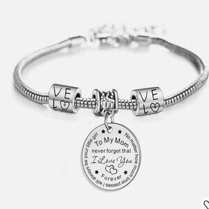 Charm Bracelet Silver Snake Chain Engraved Disc To My Mom Love You